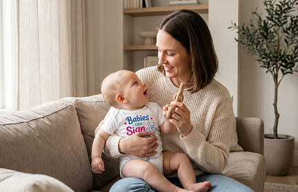 Mother connecting with her baby wearing Forever Connected apparel