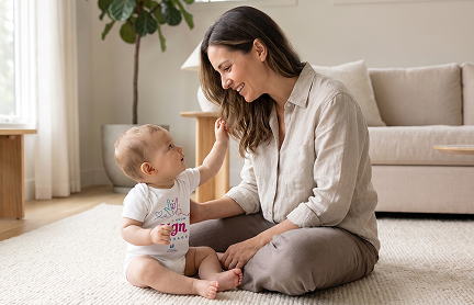Mother signing with her baby wearing Forever Connected apparel